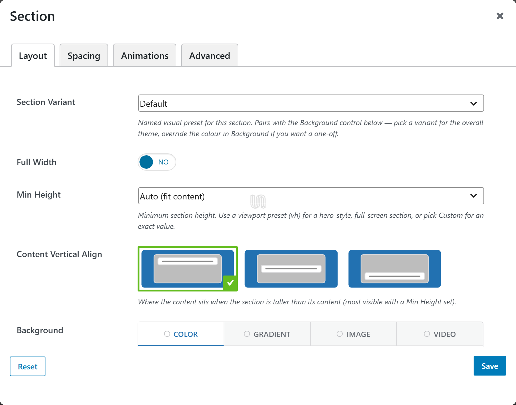 The UnysonPlus section options panel